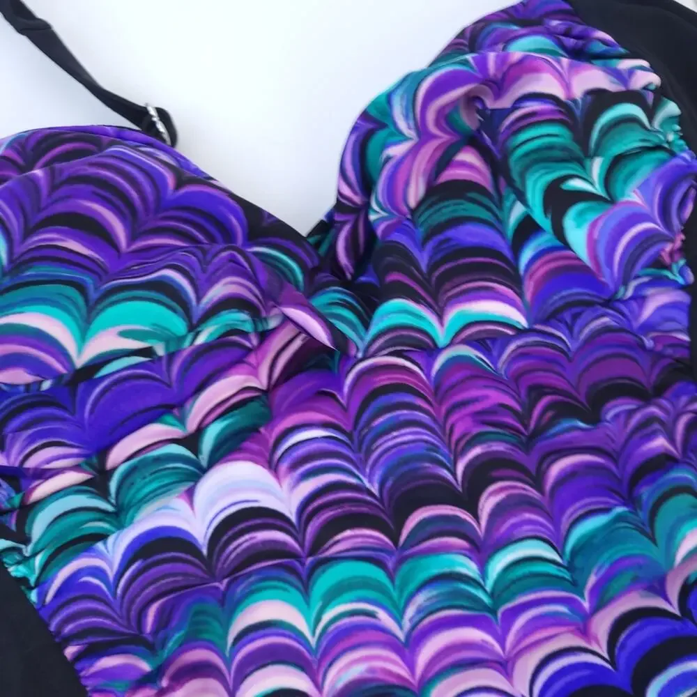 New Croft & Barrow One Piece Swimsuit Sz 10 Purple, Black Scalloped Bathing Suit